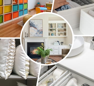 Collage of home organization ideas showing toy storage bins, organized closets, and a tidy living room fireplace.