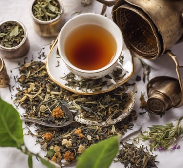 a tea cup with a teapot, tea cups, tea leaves
