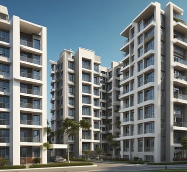 A modern residential building surrounded by greenery.