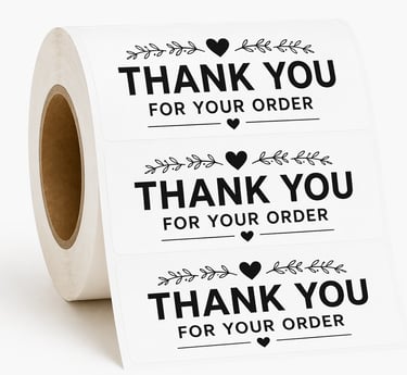 Roll of white thank you for your order stickers with black text and heart designs.