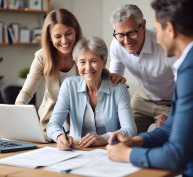 a family of four people sitting at a table