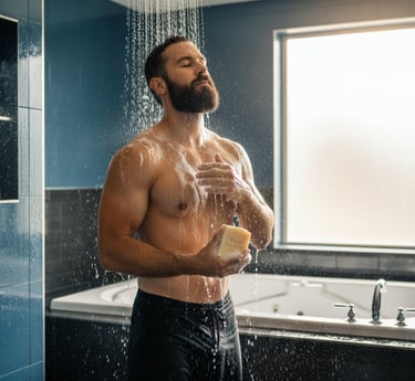 a handsome man bathing with Back2naturalness Tallow Soap