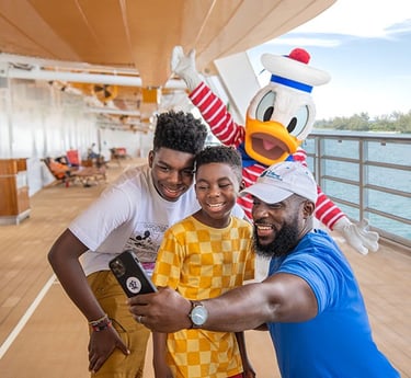 Donald Duck pictured with friends aboard Disney Cruise Line.