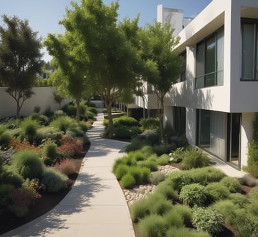 A modern landscape design featuring tiered grassy slopes outlined by sleek metal railings, with a backdrop of lush green trees and a clear blue sky above.