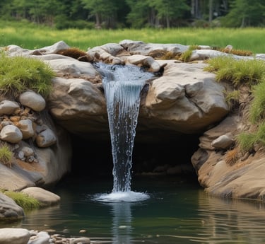 A serene landscape featuring a clear, flowing stream surrounded by lush greenery.