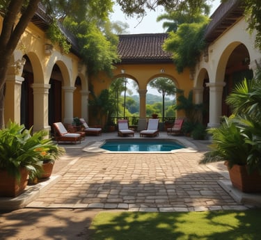 A beautiful colonial-style hotel surrounded by lush gardens.