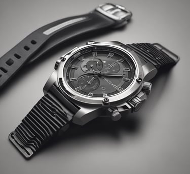 A black smartwatch with a perforated strap is placed on a textured surface alongside wireless earbuds and their charging case. The watch displays an analog clock face, and the earbuds are positioned with one lying horizontally and the other propped against the case.