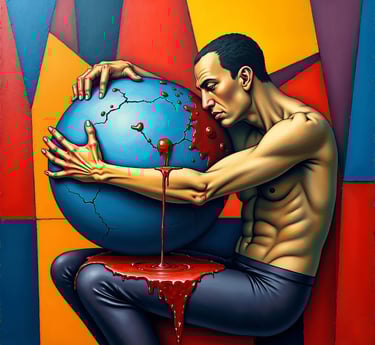 Un hombre sosteniendo el mundo que sangra. Arte cubista, surrealista