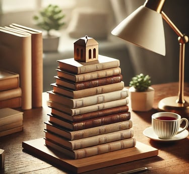 a stack of books on a table with a cup of coffee