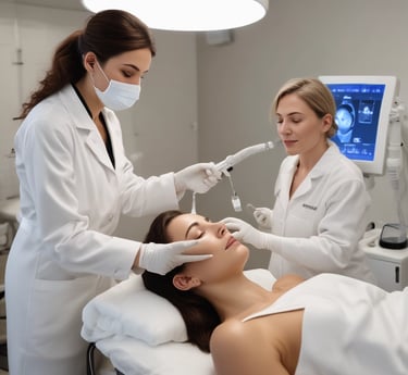 A beauty technician carefully performs a skincare procedure on a woman, who is lying down with her hair pulled back and face covered in a transparent mask. The technician is wearing gloves and holding a precision tool, working under a bright ring light.
