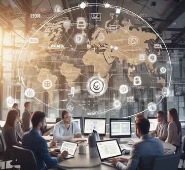 A team of young professionals gathered around a table, brainstorming over marketing charts and business plans in a bright office.