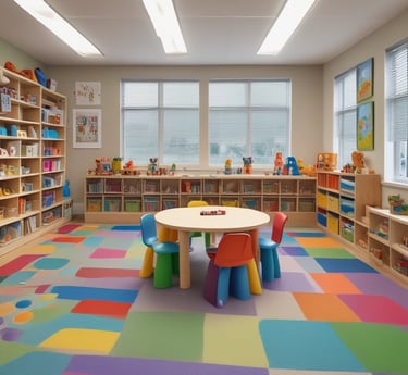 A bright, cheerful playroom filled with colorful toys and happy children playing together.