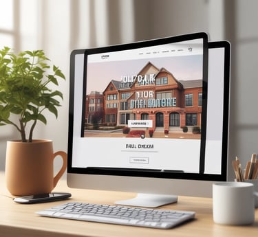 A laptop displaying a website design with the phrase 'Build your dream website.' next to a minimalistic building image. The scene also includes a modern mug and a smartphone placed on a wooden desk.