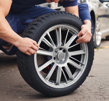 A black car is parked on the side of a highway with a flat tire. The car is jacked up, and the wheel is removed, indicating a tire change in progress. The road extends into the distance lined with lush green trees, and a section of the forest is bathed in golden light.