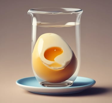A glass filled with clear liquid containing the yolk of a raw egg on a white plate. A metal stirring rod is suspended in the liquid, and milk-like wisps are visible swirling around the yolk.