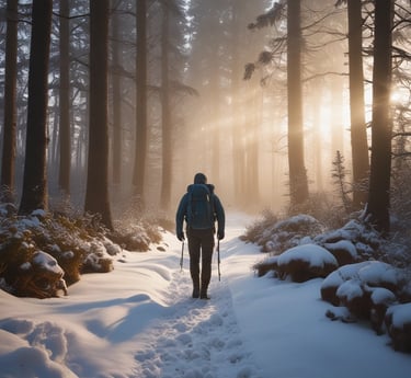 orman yolunda sırtında çanta ile yürüyen bir dağcı elinde ise bir kazma ve bir gaz lambası