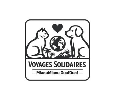 Line art logo for Voyages Solidaires featuring a cat, a dog, and a globe representing pet-friendly travel.