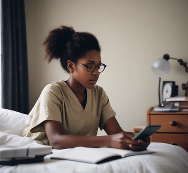 A person wearing a smartwatch writes on a notepad while using a tablet that displays medical images. A stethoscope is positioned close by on a white desk, suggesting a medical setting.