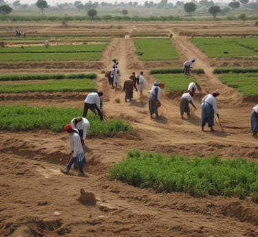 Three people are working together in a field, using hoes to cultivate the soil. They are dressed in colorful traditional clothing, and the field is lush with green plants sprouting from the dark soil. Trees and more agricultural land can be seen in the background.