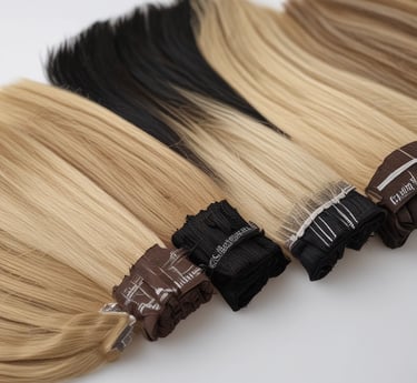 Two women are working on styling the hair of a third person whose back is facing the camera. One woman is using a tool, possibly to attach hair extensions or accessories, and the other is assisting. The setting appears to be a salon with neutral, calming colors.