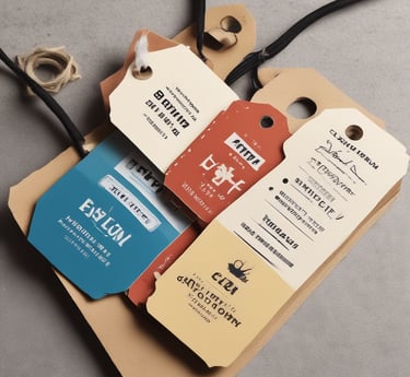 Assorted hang tags in various shapes, sizes, and colors, made from paper and cardstock, with strings