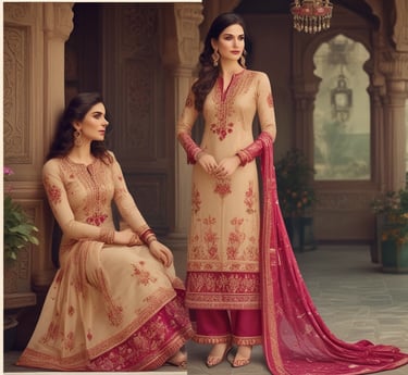 A vibrant display of unstitched and stitched ladies suits in a boutique setting.