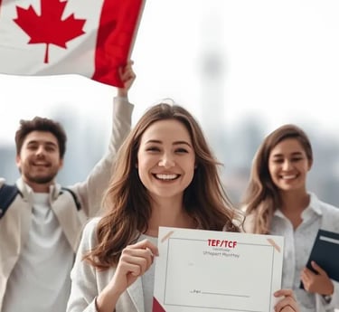 confident student or small group of students celebrating, holding a Canadian flag and a TEF/TCF certificate