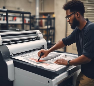 A large industrial printer is positioned in a clean, white-walled room. The printer is branded with the name Epson and appears to be printing or set up for a print job, with a green patterned material partially rolled through it. The room has a minimalistic look, with visible floor and wall fixtures.