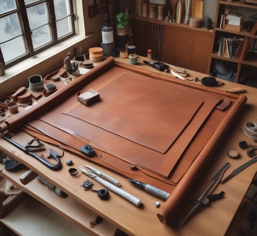 Three leatherworking tools with wooden handles rest on a wooden surface. The tools have curved metal tips and brass accents near the handles.
