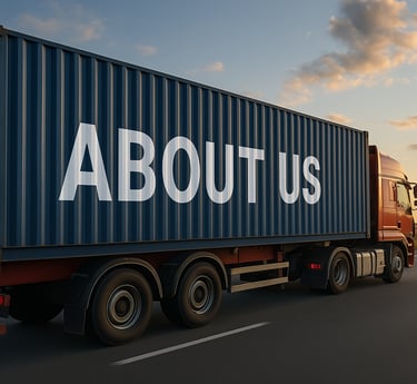"Truck with 'ABOUT US' container on highway at sunset, symbolizing global logistics."