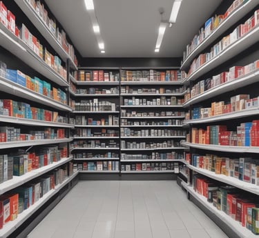 Several shelves are filled with various cleaning products, snacks, and household items. The floor is tiled, and there is ample lighting coming through the store. Each shelf is well-organized with items neatly stacked and price tags visible.