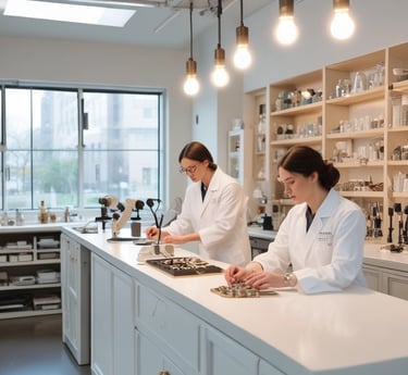 A bright, modern jewelry studio with soft lighting, clean lines, and a small team meticulously handcrafting fine jewelry.