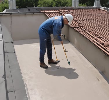 A person wearing a wide-brimmed straw hat is working on repairing or inspecting a roof made up of traditional grey tiles. The roof tiles are arranged in an overlapping pattern and show various shades of grey, with patches of moss or discoloration.