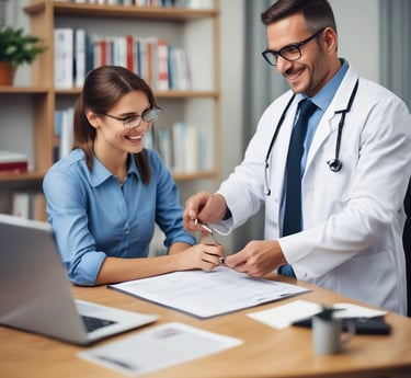 A professional consultation setting with a medical professional sitting at a desk facing a client. The room has a modern aesthetic with white walls decorated with framed certificates. The desk is organized with office supplies, a laptop, and a fruit bowl in the center.