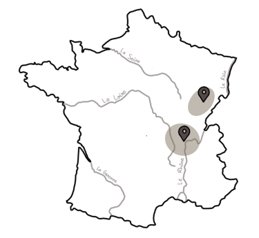 Carte zones intervention Studio 975 - Lyon métropole et Bourgogne-Franche-Comté - architecte int