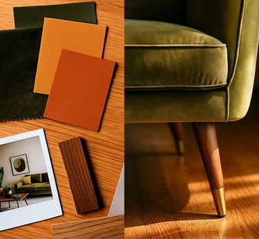Mid-Century Modern wood and fabric samples with olive green upholstery by Solo Home Decor