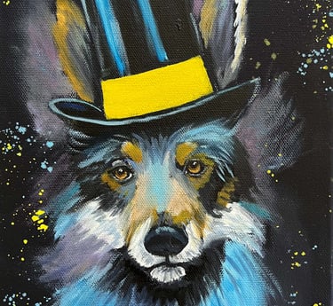 “Magic” a dog in a hat with a top hat