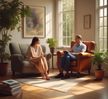 Calm professional counseling session in a modern, cozy office environment.