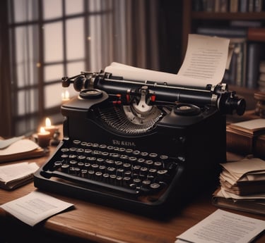 A serene workspace with a vintage typewriter and a cup of tea.
