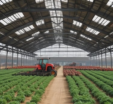 A rural landscape featuring a large agricultural building with four metallic silos. In the foreground, a green tractor is connected to farming equipment, preparing a field. The background includes flat, open land with sparse trees and a clear blue sky.