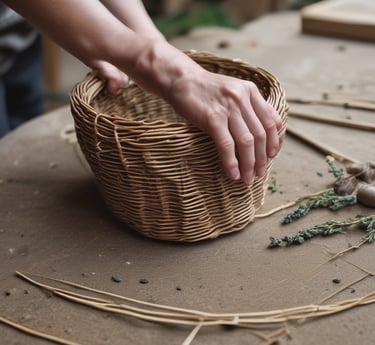 A market stall displays various handmade crafts, including woven baskets, intricate macramé wall hangings, and embroidered hats. The setting is rustic, with wooden beams and ambient lighting, creating a cozy and artisanal atmosphere.
