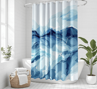 Bold artistic shower curtain that turns a bathroom into a stunning, spa-like escape.