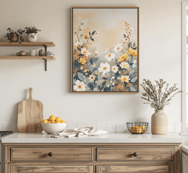 Warm, inviting kitchen with meaningful canvas wall art that completes the space.