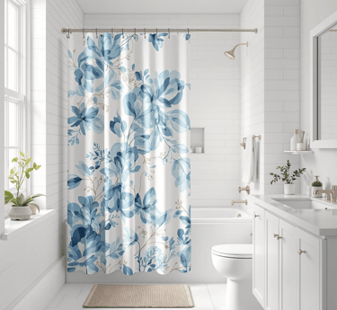 Blue and white floral shower curtain in small bathroom – blog post by URunique21