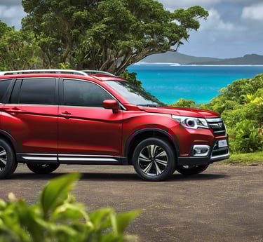 a red Suzuki xl6 parked with a beautiful view of Rodrigues island