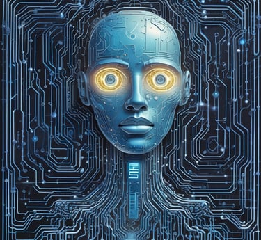 A futuristic and digital-themed image features a stylized circuit board with the words 'Open AI' in bold, glowing letters. Above it is a design that resembles an AI or robot face with neon accents. The background consists of a network of interconnected blue lines and nodes, suggesting themes of technology and connectivity.