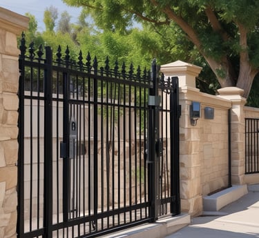A double door painted in blue with metallic horizontal bars across each section. Above the doors, a row of vertical metal bars is attached to an overhanging section. The doors and the structure surrounding them exhibit a combination of industrial and modern design.