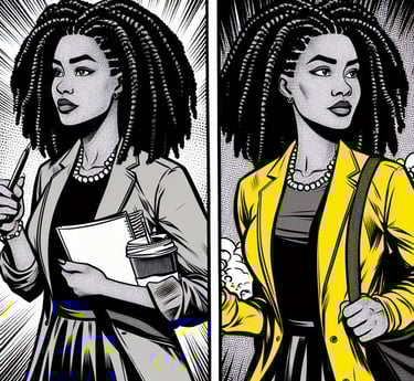 Illustration de type BD des deux facettes du quotidien d'une femme active.