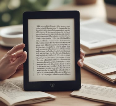 A person is holding a smartphone in their hands, navigating an online library or e-book application with blurred bookshelves in the background, giving a sense of depth and focus on the technology.