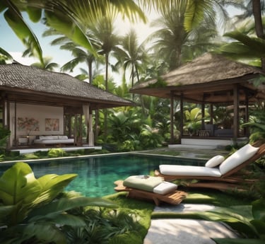 An outdoor scene featuring traditional Balinese architecture with ornate stone carvings on a building's structure and detailed rooftop. Surrounding the structure are lush green plants and trees, with bright sunlight casting shadows on the paved ground. The sky overhead is partly cloudy with patches of blue.